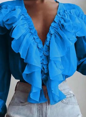 2024Ruffle edge loose V-neck solidcolor pullover top长袖衬衫