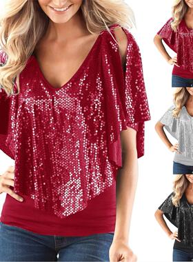 Shawl sequin patchwork sexy short sleeve T-shirt亮片短袖上衣