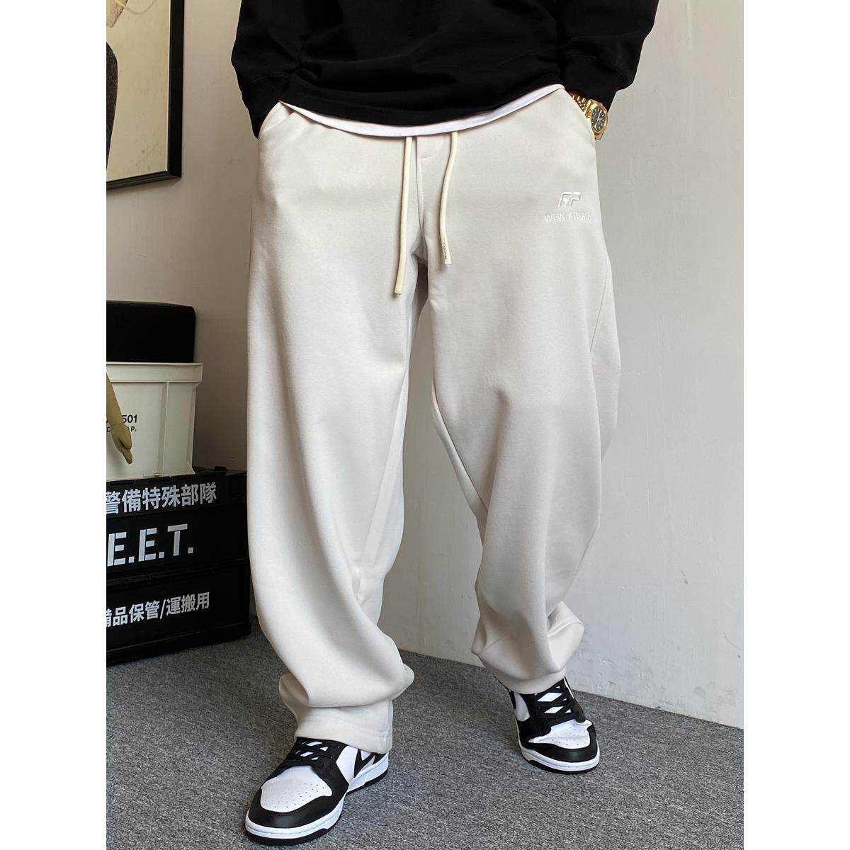 春秋季美式休闲痞帅高端针织卫裤男直筒宽松抽绳百搭阔腿运动裤子