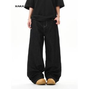 XAKA天丝莱赛尔美式复古原色阔腿水洗牛仔裤男宽松直筒高级感长裤