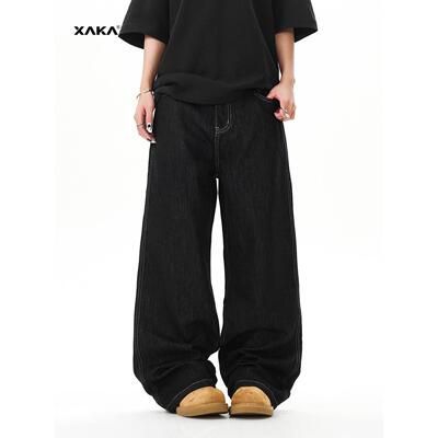 XAKA天丝莱赛尔美式复古原色阔腿水洗牛仔裤男宽松直筒高级感长裤
