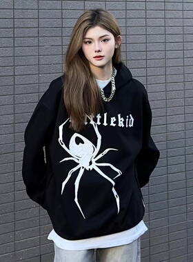 AHCN（志存高远）美式复古街头420G蜘蛛印花连帽卫衣休闲宽松百搭