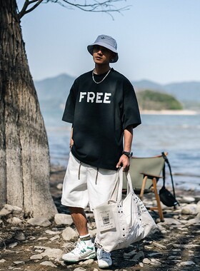 JUP390g重磅纯棉短袖T恤男夏季薄款凉感简约印花五分袖体恤上衣