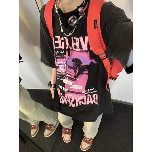GTGA 夏季美式复古印花T恤潮牌高街水洗做旧宽松男女情侣短袖