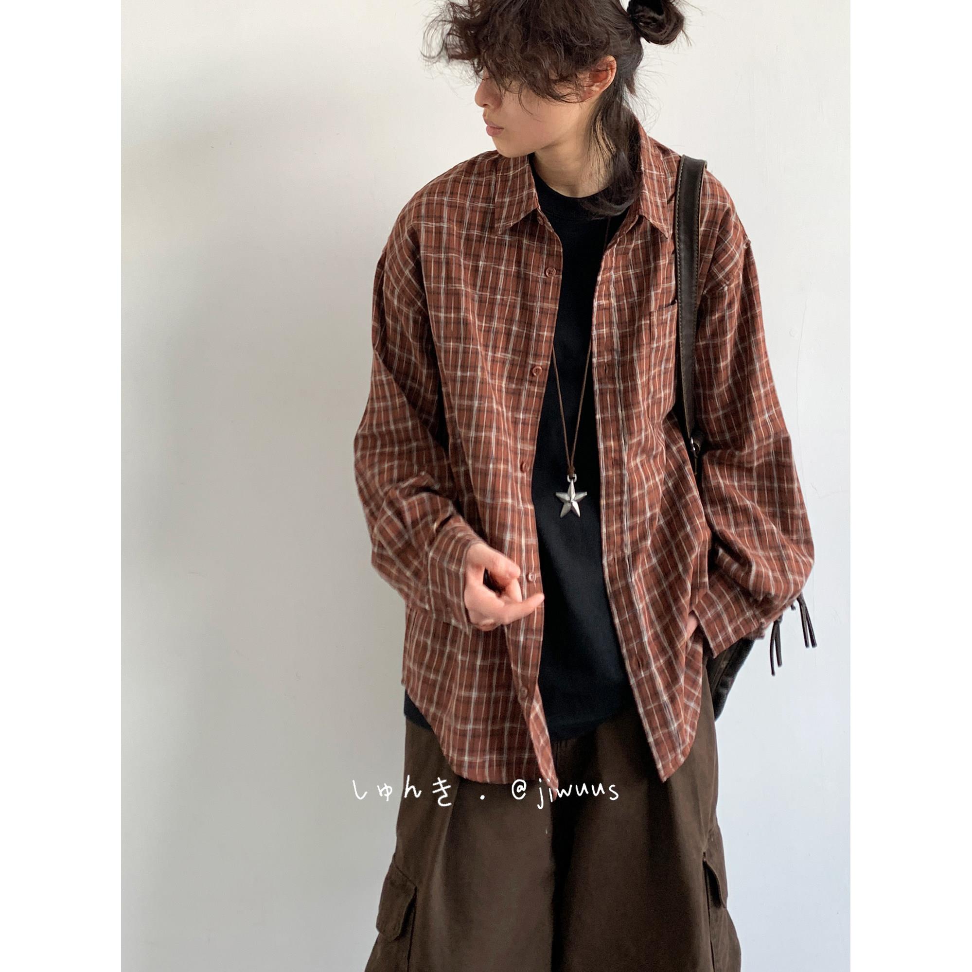 jiwuus 4月20日新款 夏日系复古格纹长袖衬衫男女生休闲翻领上衣