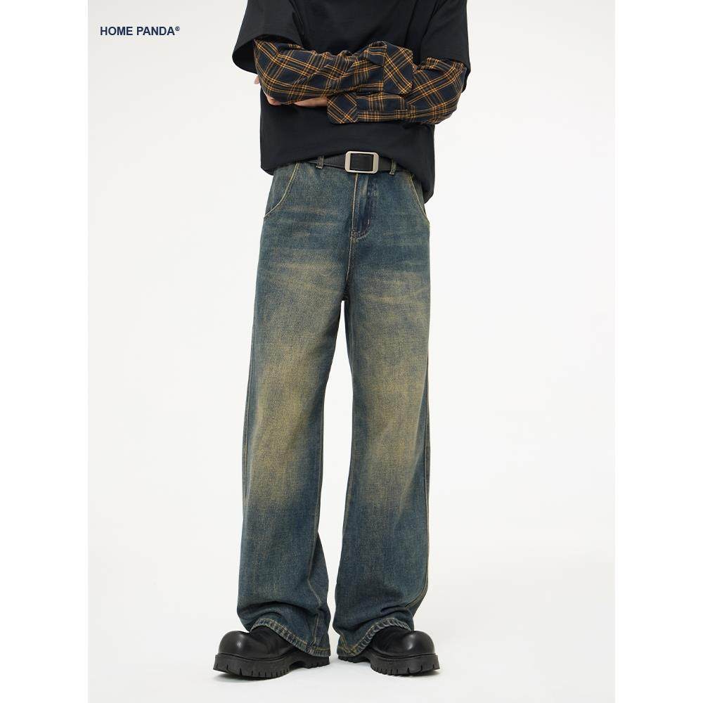 HomePanda美式复古宽松直筒加绒牛仔裤男秋冬潮牌cleanfit阔腿裤