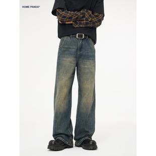 HomePanda美式复古宽松直筒加绒牛仔裤男秋冬潮牌cleanfit阔腿裤