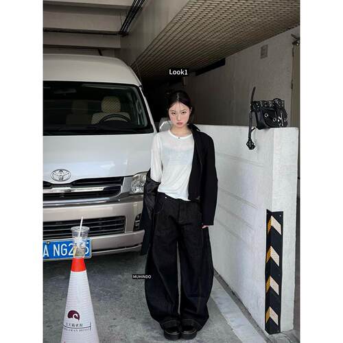 Muhindo原浆丹宁黑弯刀阔腿休闲宽松牛仔baggy长裤男女
