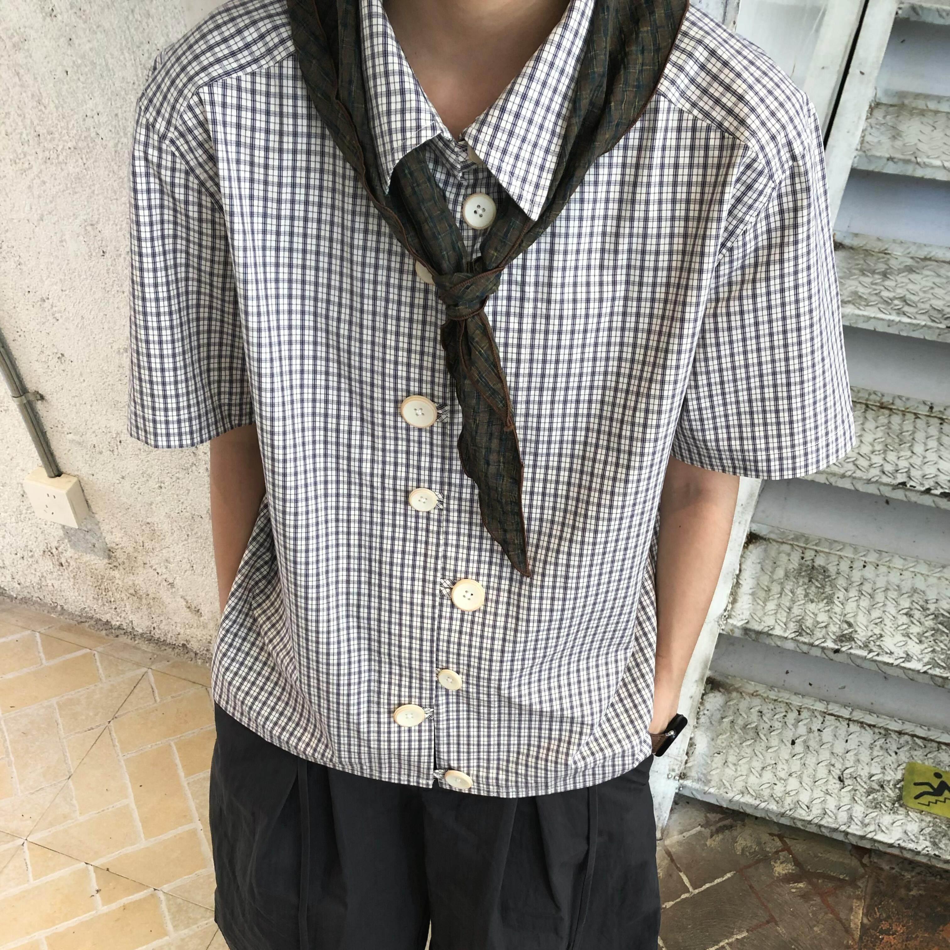 韩国 日系高级感多扣格子短袖衬衫男女复古百搭宽松休闲翻领上衣