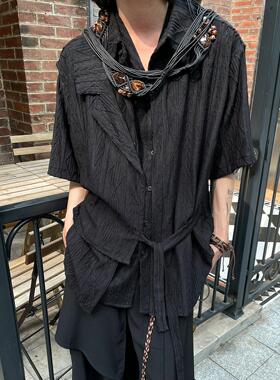 以休眠 夏季复古小众提花镂空肌理感新中式拼接绑带设计短袖衬衫