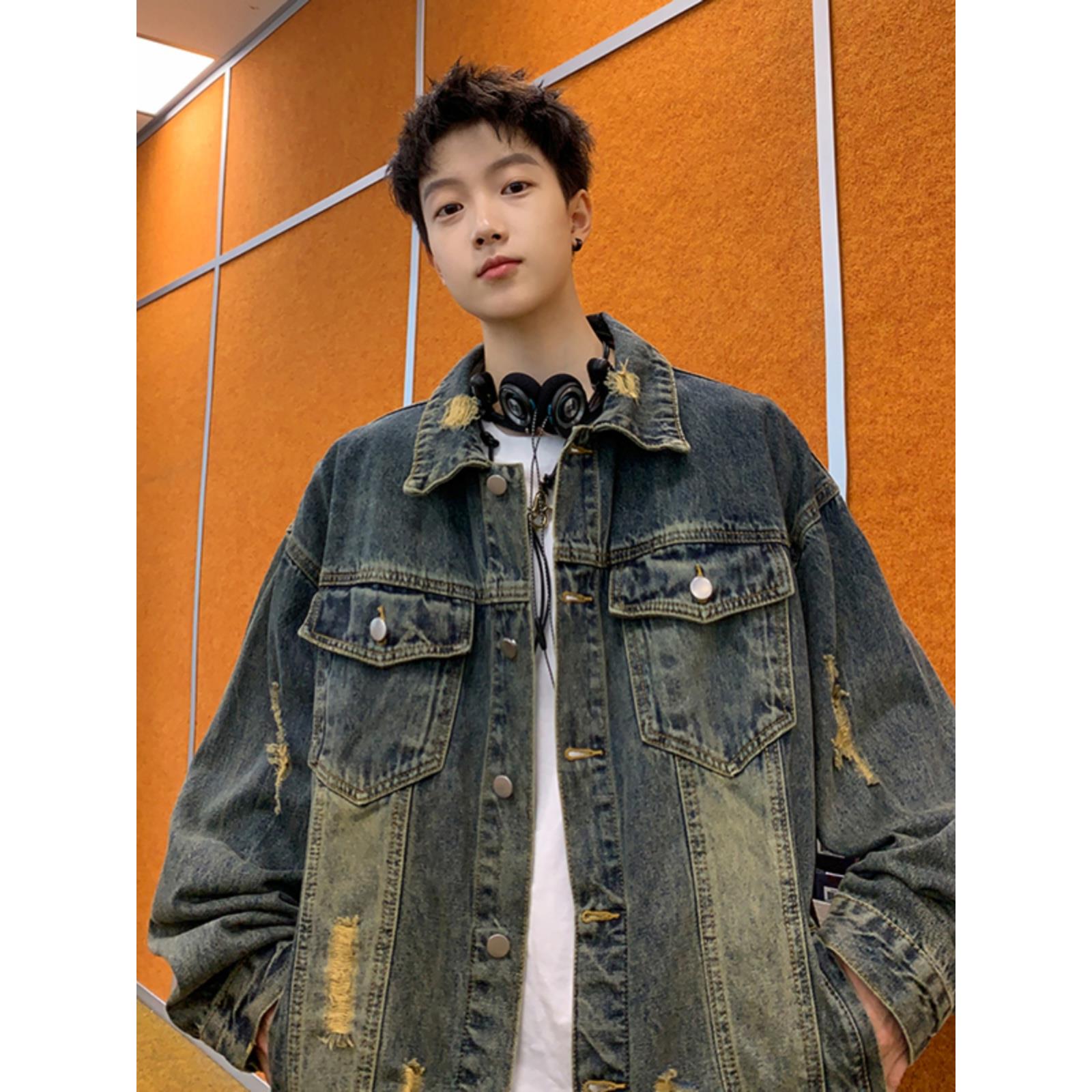 美式水洗做旧牛仔外套男秋季高街潮牌复古破洞设计感休闲情侣夹克