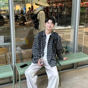 黑格子长袖衬衫男生休闲宽松衬衣慵懒风垂感春秋季韩版上衣外套