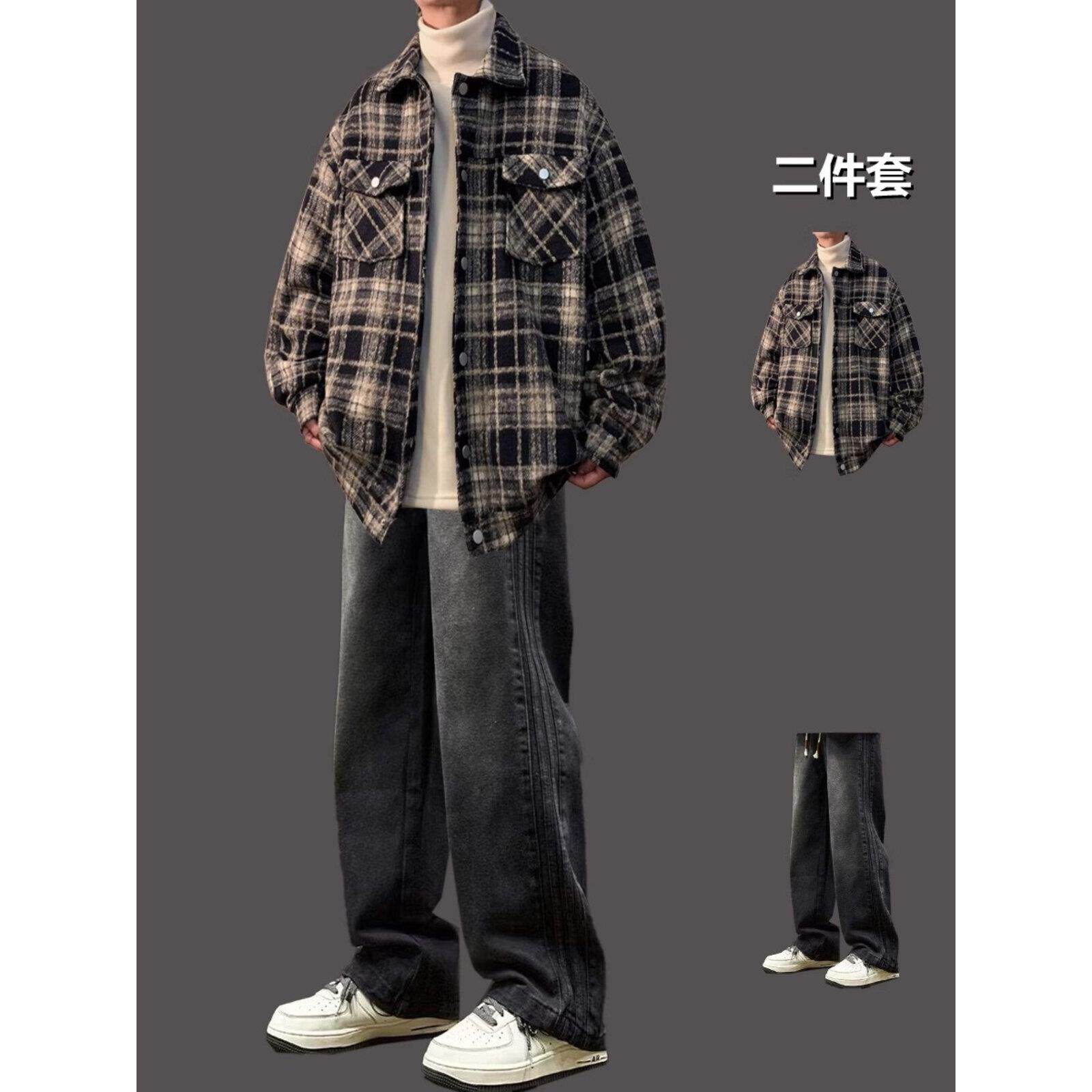 格子小众风外套男套装春秋季2026新款高级感痞帅宽松翻领韩版夹克