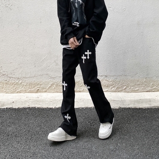 高街美式复古十字架黑色牛仔裤男潮牌痞帅嘻哈宽松微喇叭vibe裤子