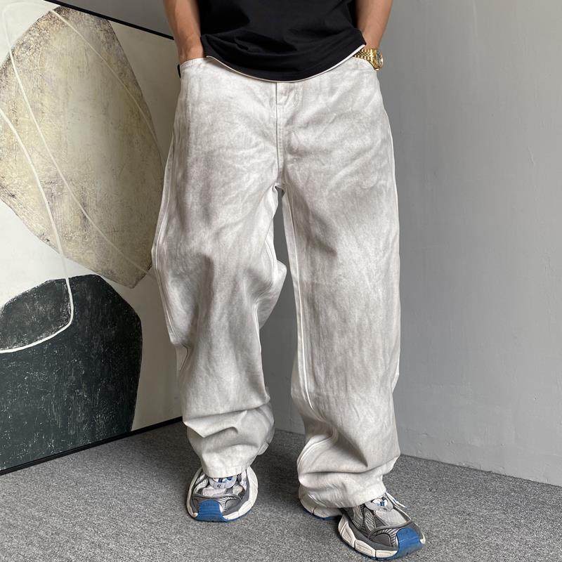 春季美式休闲痞帅脏脏白色牛仔裤男直筒宽松百搭阔腿拖地老爹裤子