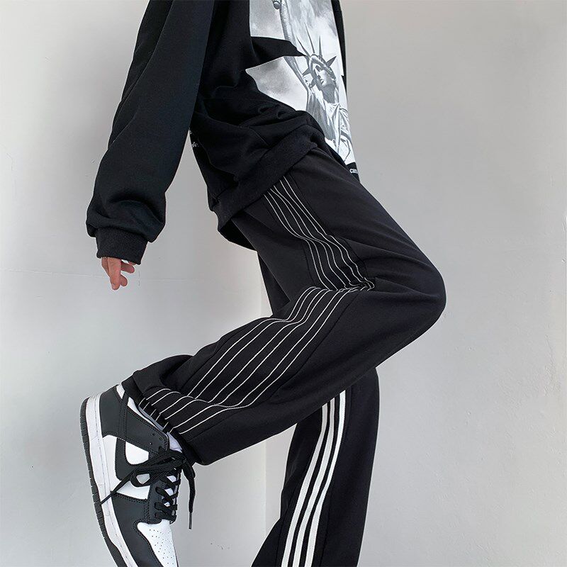 三条杠条纹裤子男款夏季青少年宽松直筒裤男生休闲长裤垂感运动裤