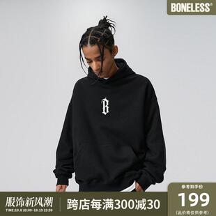 BONELESS 美式基础B字胶浆印花帽衫高街潮牌男针织长袖连帽卫衣