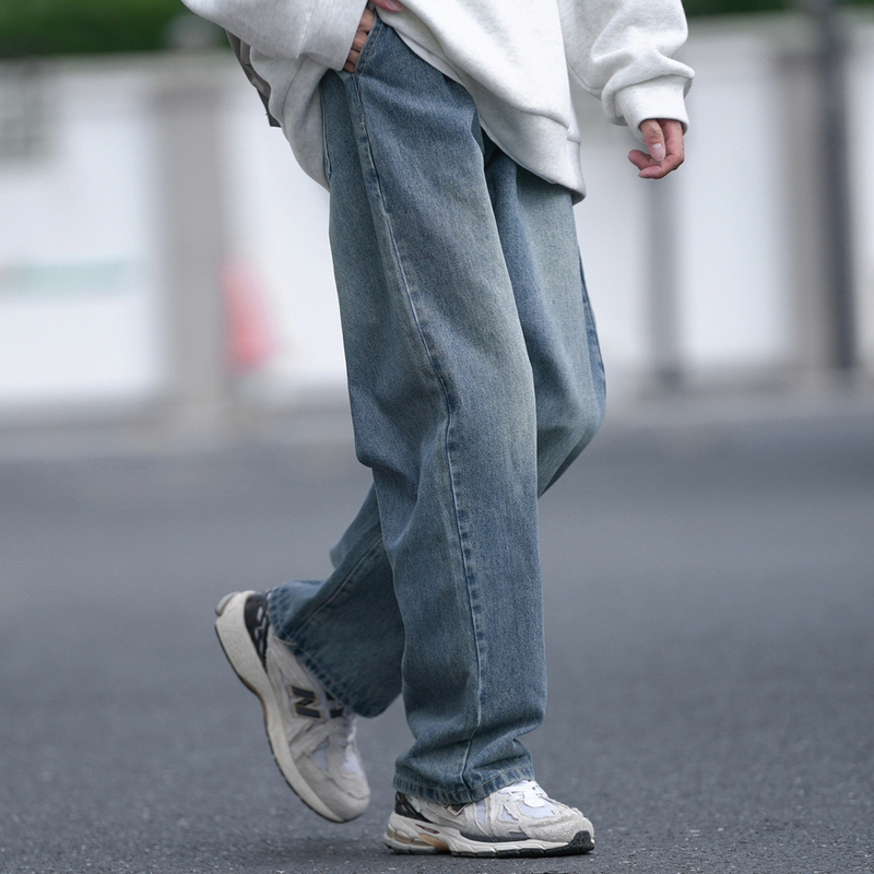 GOGOSOON男生抽绳直筒牛仔裤子380g春秋装复古宽松阔腿穿搭款水洗