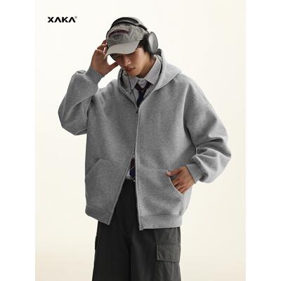 XAKA基础款纯色开衫卫衣男春秋冬新款加绒加厚双拉链宽松连帽外套