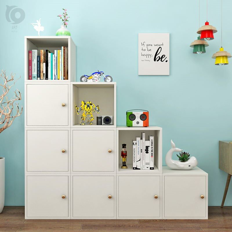 简约现代书柜儿童卧室自由组合格子柜收纳储物柜书架柜加锁柜带门 花生粒