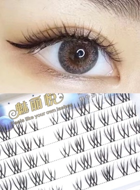 假睫毛分段式V型女团磨尖透明梗黑色单簇自然交叉睫毛魅丽悦F106