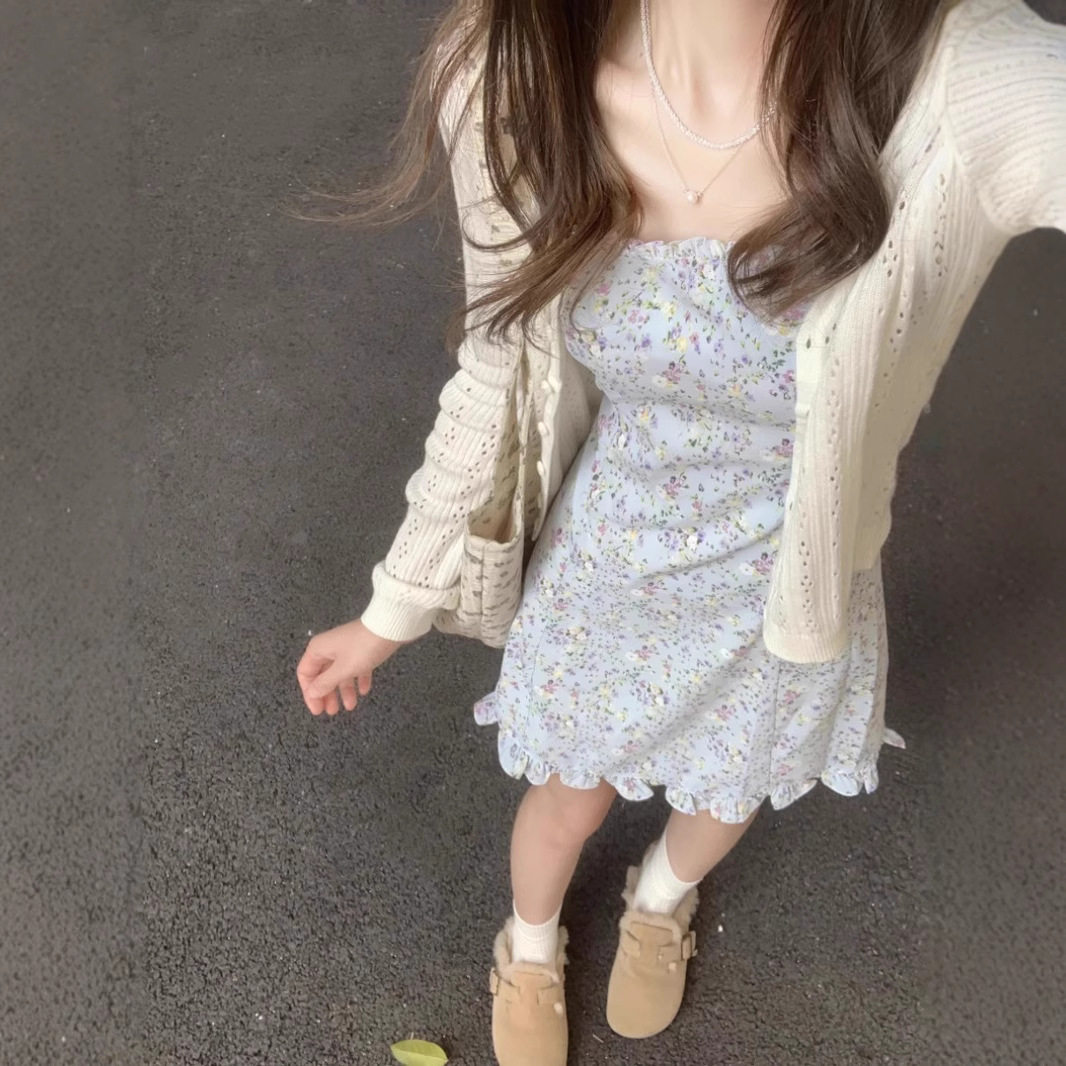 镂空开衫配吊带连衣裙披肩外搭针织白色短款上衣女长袖小香风秋装