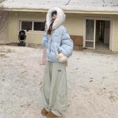 现货2025年美式 条纹蝴蝶结毛领连帽棉服外套冬季 加厚保暖棉衣女