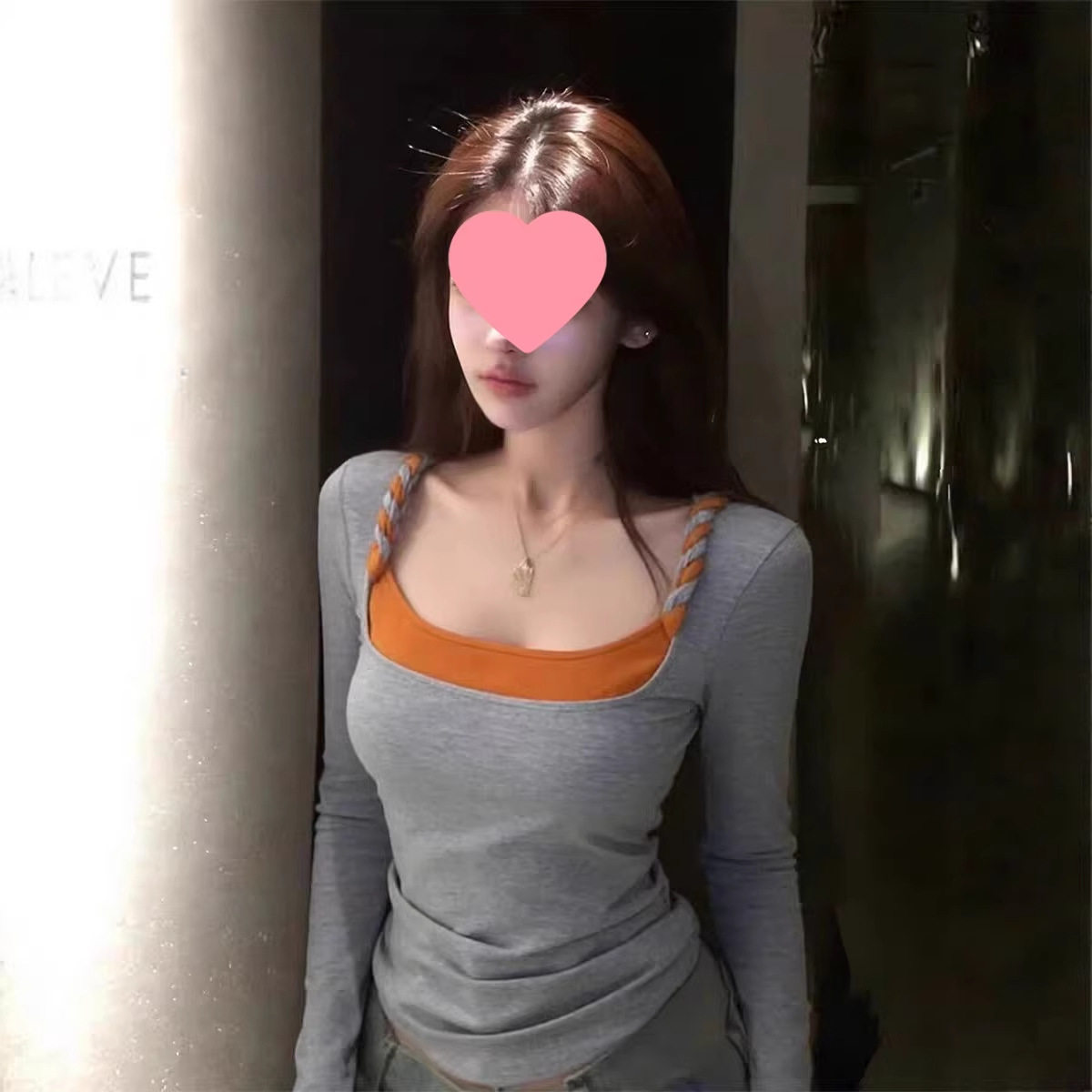 绝美巨好看撞色方领多巴胺纯欲假两件扭结修身长袖上衣2026短袖