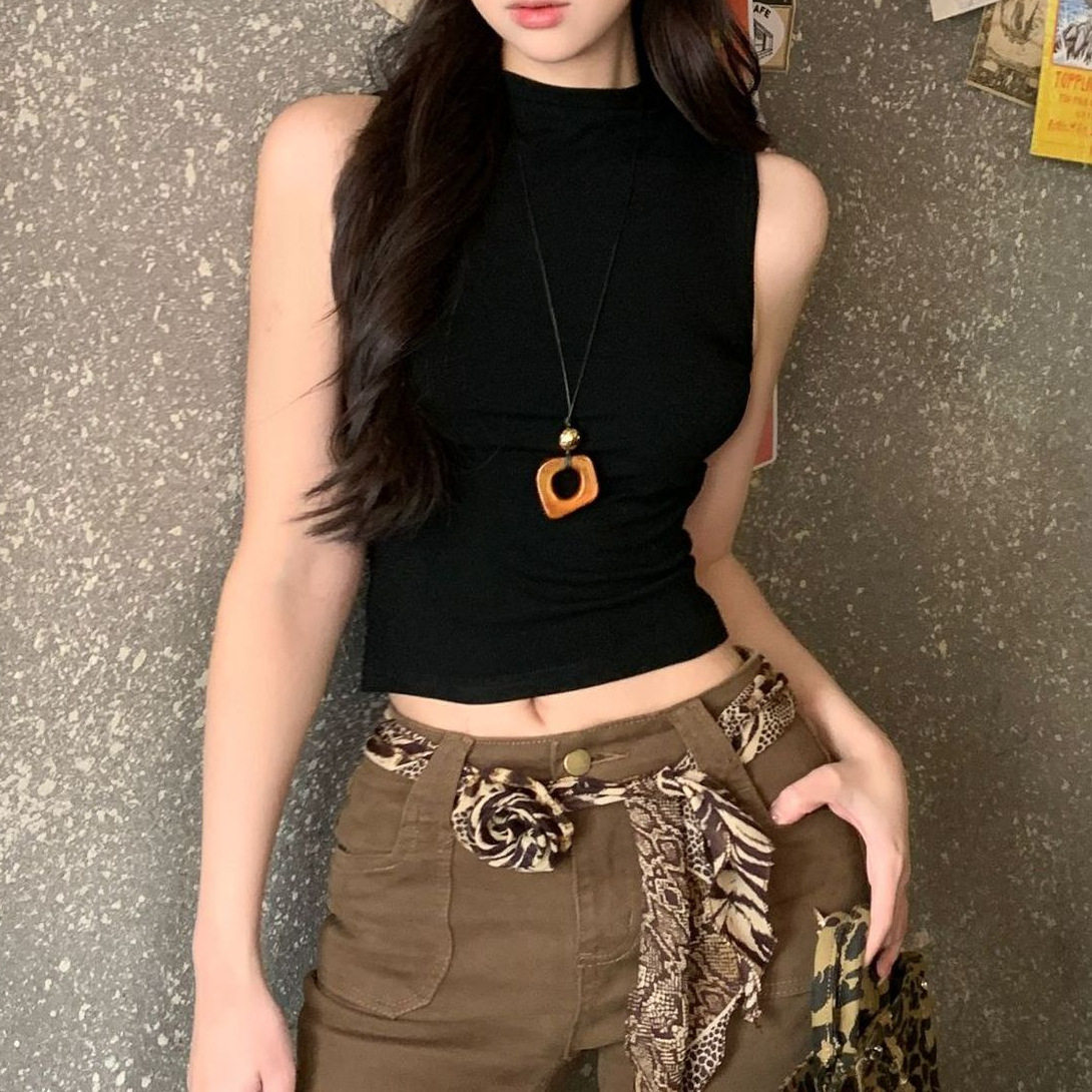 甜酷黑色坎肩半高领无袖短款上衣女夏别致小背心辣妹紧身内搭恤