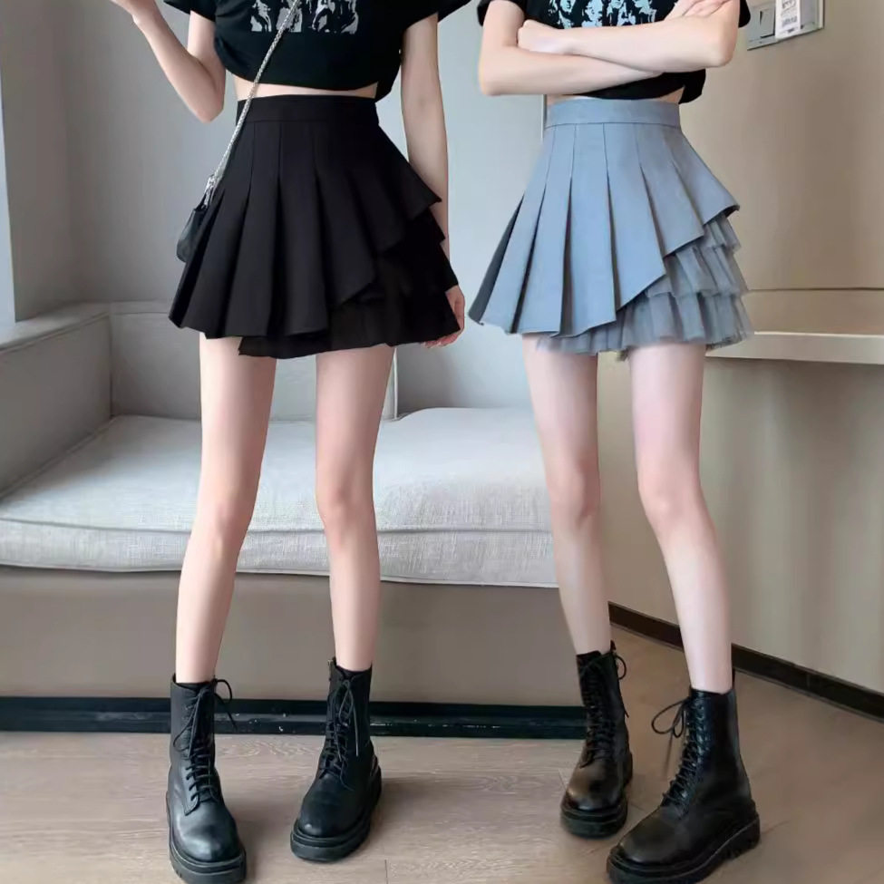 网纱短裙女2026新款夏季高腰小个子a字百褶灰色半身裙设计感小众