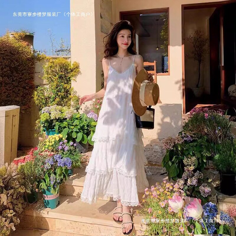 仙女白色连衣裙海边度假沙滩裙高级感法式长裙子吊带长裙夏季宽松