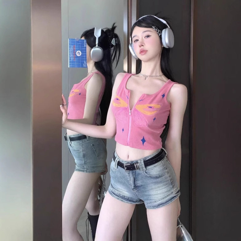 美式涂鸦吊带背心女短款夏季外穿设计感甜辣工字型运动拉链上衣女