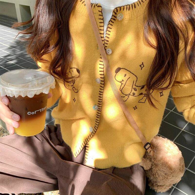 刺绣长袖针织开衫外穿女2025秋冬季小个子宽松慵懒风毛衣外套上衣