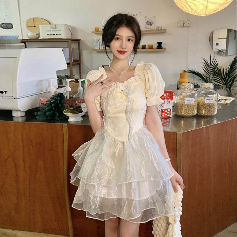 夏天公主甜辣风连衣裙女青春感甜美三层纱裙少女蓬蓬蛋糕裙蝴蝶结