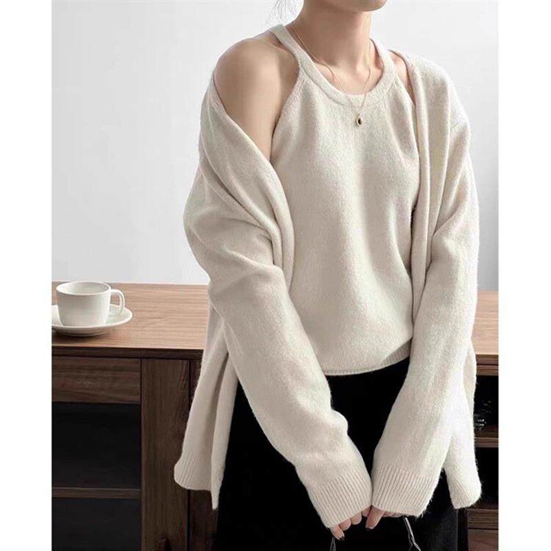 设计吊带针织开衫两件套2025秋冬简约百搭套装毛衣女