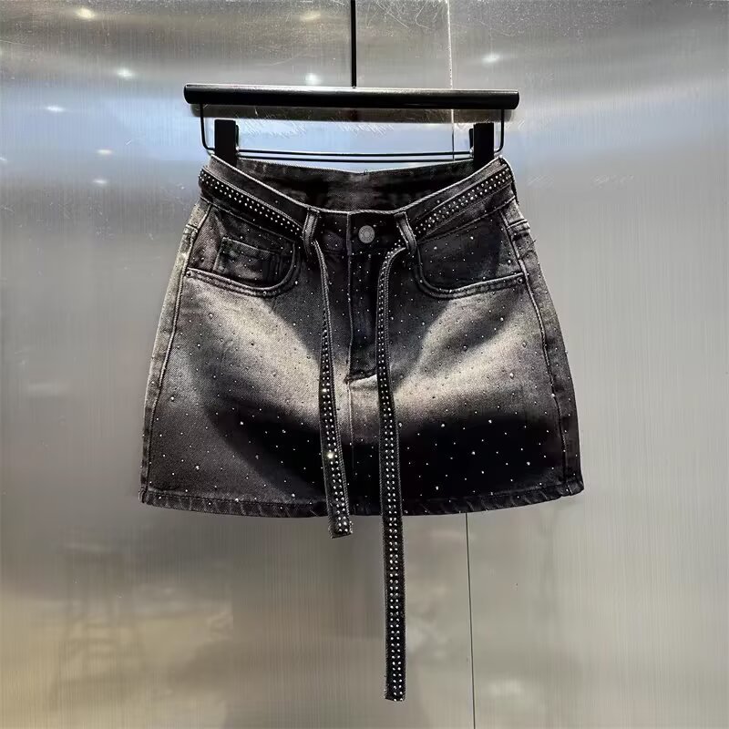 复古渐变烫钻牛仔半身裙女夏季大码胖mm显瘦高腰包臀a字短裙子