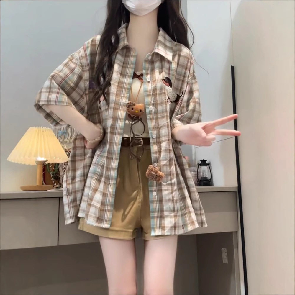 美式趣味小狗毛巾绣格子短袖衬衫女夏季新款宽松休闲衬衣独特上衣