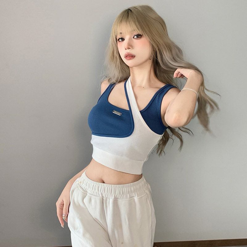 辣妹背心女团风爵士舞修身短款露脐跳舞上衣撞色假两件不规则外穿