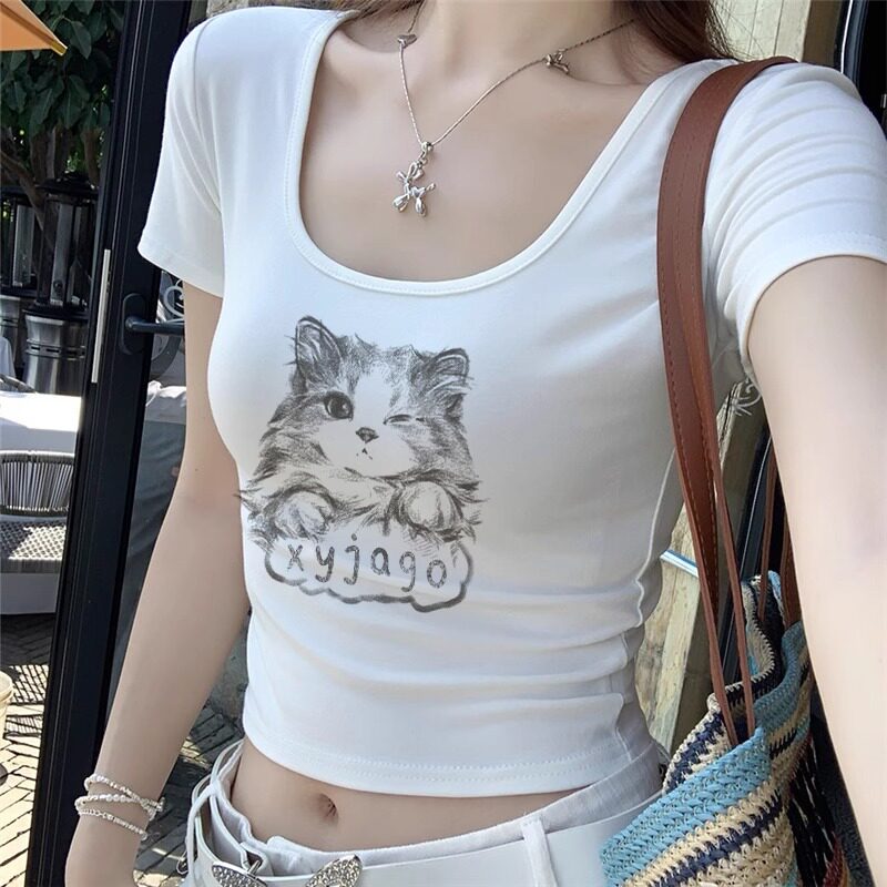 2025年春季新款正肩纯棉短袖t恤女修身显瘦时尚打底衫辣妹U领上衣