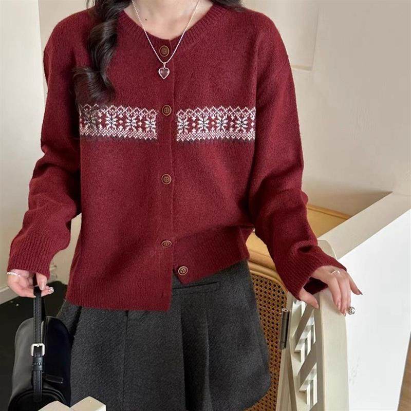 高级感条纹毛衣外套女春秋圆领针织开衫宽松休闲外搭时尚洋气上衣