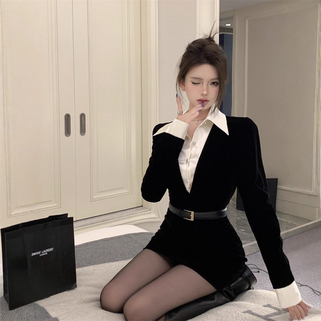 假两件御姐风黑色收腰显瘦秋冬新款纯欲风短裙子辣妹包臀连衣裙女