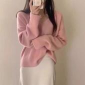 新款 粉色软糯浣熊绒宽松显瘦v领针织衫 上衣女打底秋冬内搭毛衣厚