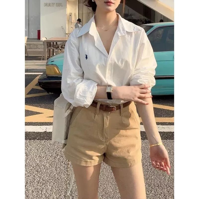卡其色牛仔短裤女夏季辣妹设计感褶皱高腰显瘦弹力阔腿a字短裤子