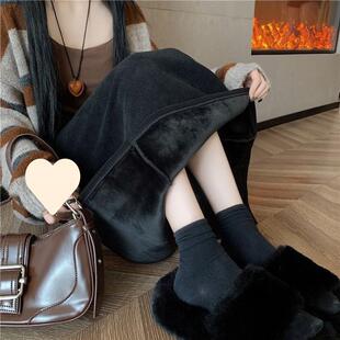 大码冬季加绒加厚半身裙秋冬新款高腰字显长裙显瘦灯芯绒开叉半裙