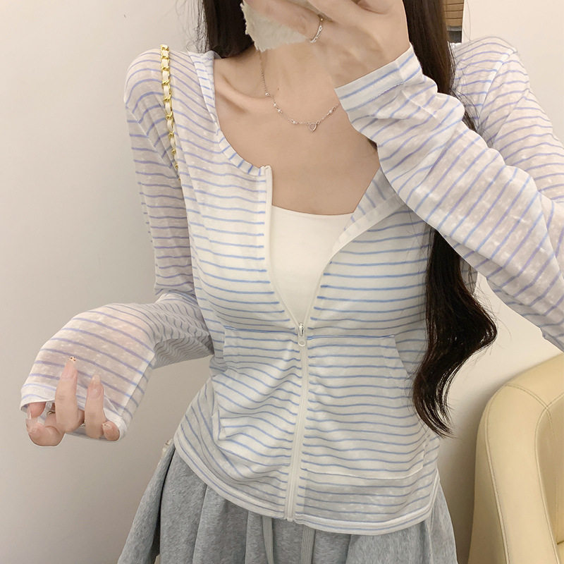 2055莱赛尔撞色条纹连帽长袖外套薄款防晒女拉链开衫百搭短款上衣