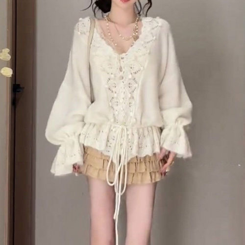 YS春秋慵懒风V领羊毛外套女设计感薄款绑带镂空针织衫宽松开衫女