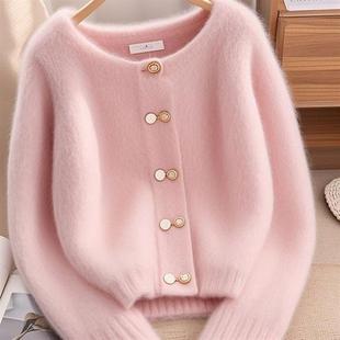 秋冬季新款女装软糯慵懒风奶fufu粉色圆领厚款针织衫毛衣休闲外套