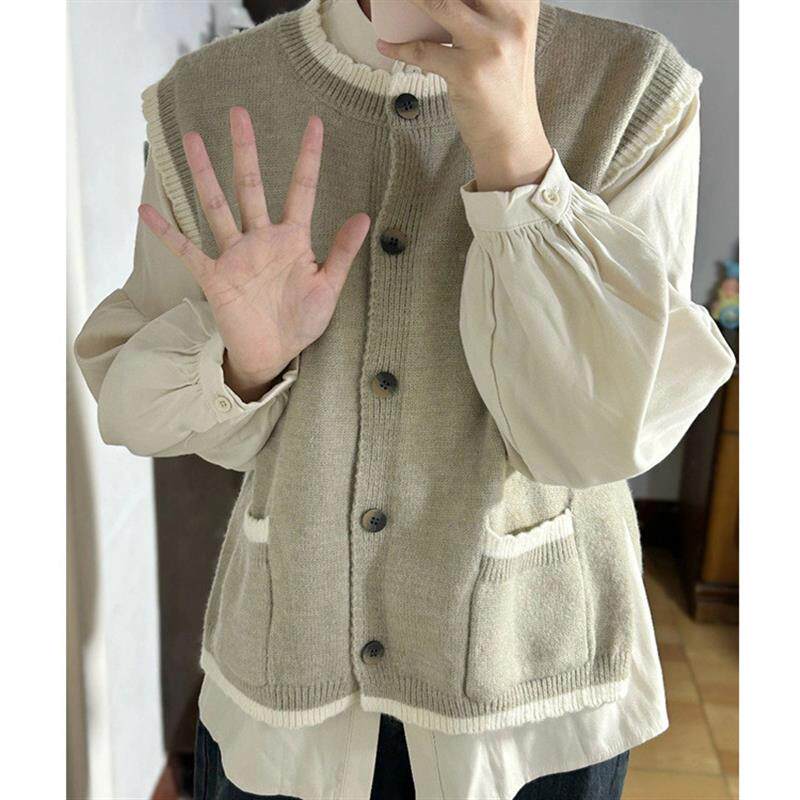日系慵懒复古针织上衣女秋冬外搭叠穿小马甲背心宽松无袖毛衣外套