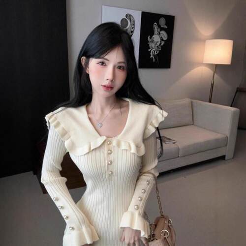 秋冬气质复古连衣裙衣裙秋冬新款荷叶领修身法式鱼尾针织长裙新款