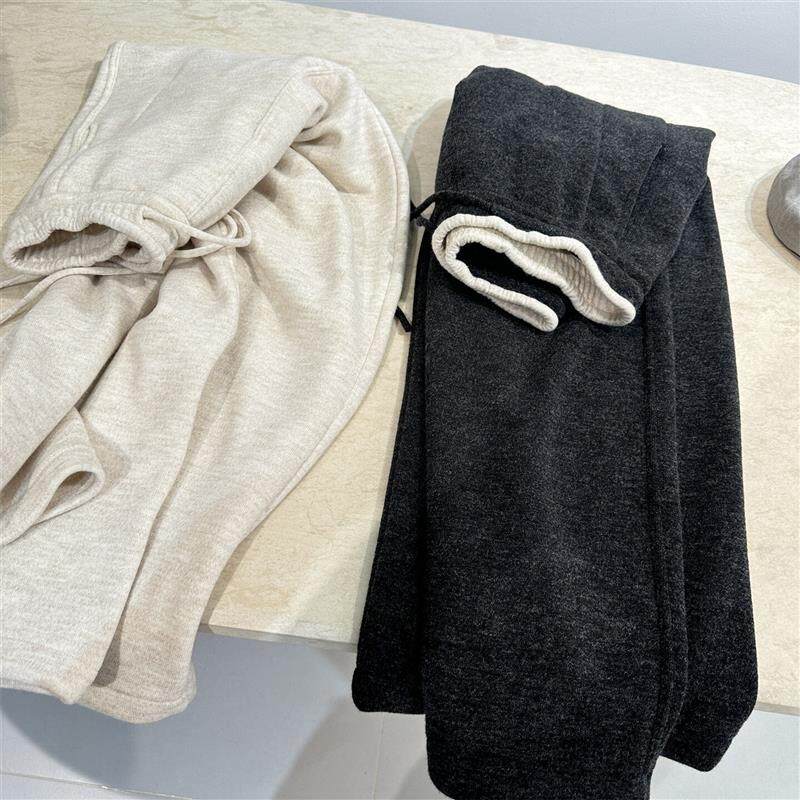 仿羊绒阔腿休闲裤女冬季松紧腰抽绳软糯加绒保暖慵懒松弛直筒长裤